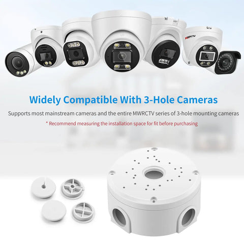 Waterproof Security Camera Junction Box Kit 8 Pack ABS Plastic Wall Mount Brackets for CCTV Cameras Hide Cables shown with compatible cameras and components.