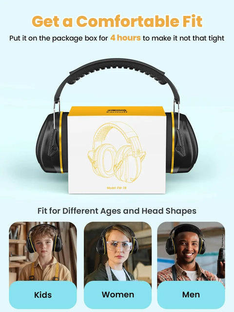 Ultra Comfy Noise Cancelling Ear Muffs For Adults And Kids 31dB Hearing Protection For Shooting Range Mowing And Loud Events, Sensory Friendly Earmuffs With Memory Foam Padding For All Day Focus, shown on packaging with illustrations and examples of usage for kids, women, and men.
