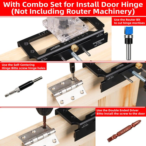 Sturdy Door Hinge Jig And Wood Router Template Kit Featuring A Rock Solid One Hand Clamp For No Fuss Mortise Cutting Adjustable Aluminum Build Locks Snug On 2.5 To 5 Inch Sizing with hinge bit and driver.