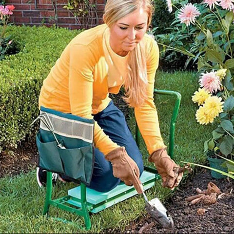 Woman gardening on Folding Garden Stool With Cushioned Kneeling Seat Comfortable Garden Bench And Work Stool Includes Two Large Tool Bags