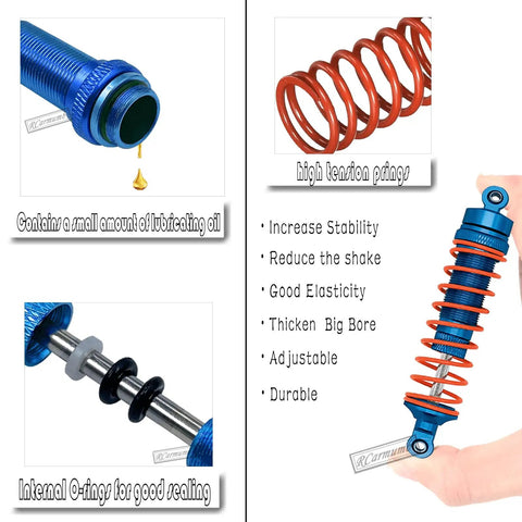 Close-up of alloy front shock and spring from Beefed Up 1/10 Scale RC Upgrade Parts Kit for Rustler VXL and Stampede VXL 2WD