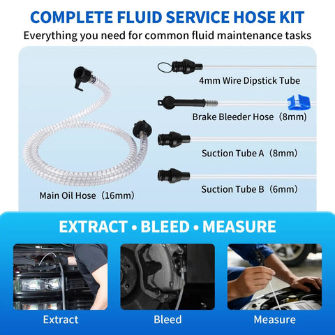 Vacuum Fluid Extractor Hose Kit For Pneumatic Or Manual Pumps, 5-Piece Set with labeled tubes and usage guide