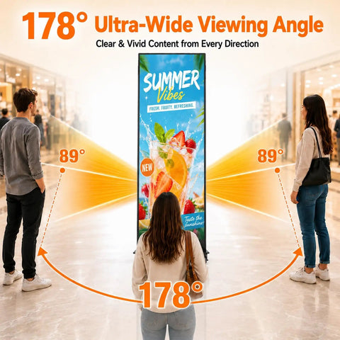Sleek Eighty Inch Led Poster With P1.86 Razor Sharp Resolution And Rugged Flight Case For Event Rentals Weddings And Commercial Displays Where Plug And Play Setup Goes Hard On Any Venue Floor, shown with 178° ultra-wide viewing angle.