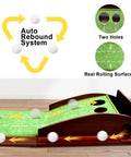 Indoor Outdoor Golf Putting Mat With Ball Return For Home Office Backyard Practice Green Training Includes Putter And Five Balls 9.84 Feet Long showcasing auto rebound system and dual tracks with two holes.