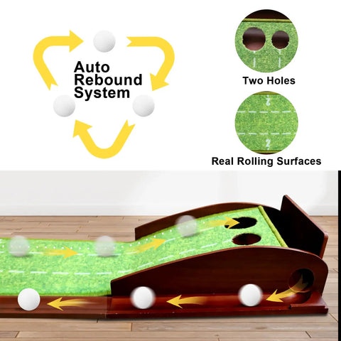 Indoor Outdoor Golf Putting Mat With Ball Return For Home Office Backyard Practice Green Training Includes Putter And Five Balls 9.84 Feet Long showcasing auto rebound system and dual tracks with two holes.