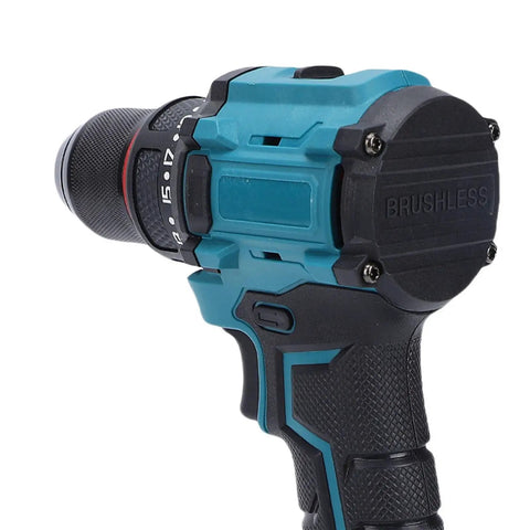 Beefy Cordless Drill Featuring Brushless 20 Volt Motor And 3/8 Inch Keyless Metal Chuck for easy grip and control.
