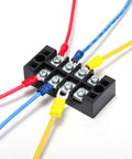 200 Pcs Blue Insulated Fork Spade Wire Connectors For 16-14 AWG U Shaped Crimp Terminals M5 Stud Size 1.5-2.5 MM2 Tinned Red Copper PVC Sleeving Flame Retardant Ideal Auto And DIY Electrical Splicing Kit installed on a screw terminal block