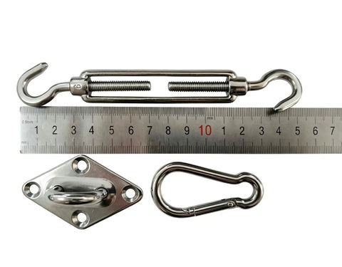 Rugged 304 Stainless Steel Sun Shade Sail Hardware Kit With 4 Turnbuckle Hooks And 16 Screws Plus Expansion Tubes For Canopy Tent Awning Install M6, shown with turnbuckle hook, eye plate, and carabiner