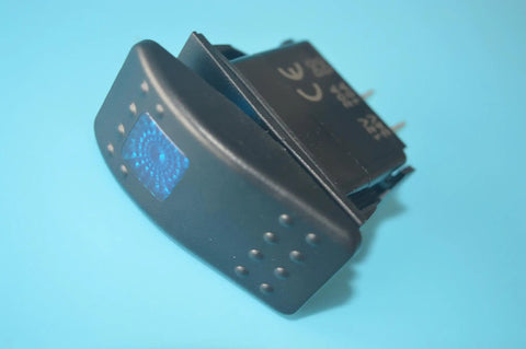 Close-up of 12V 20A Waterproof LED On Off Rocker Switch for Boats and Marine Rigs SPST 3P Lighted Switch with Blue Indicator