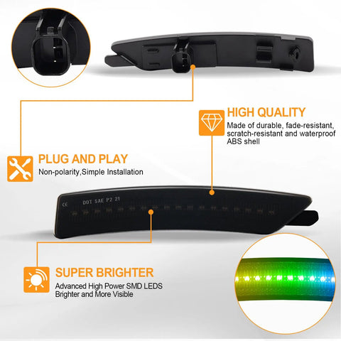 Ford Mustang S650 RGB LED side marker lights kit smoked lens front and rear bumper lamps 4 pack with 16 color remote