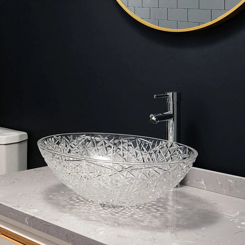 Super Slick Translucent Tempered Glass Countertop Basin With Pop Up Drain For Modern Bathroom Vanity Refresh And Bar Sink Upgrade Featuring Zero Hassle Install And Top Tier Construction That Is A Real Deal Steal, 54 x 36 x 16 cm, sparkling glass design on countertop.