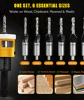 Go To Countersink Drill Bit Set With Low Friction Depth Stop And Replaceable HSS Pilot Bits, shown with six drill sizes
