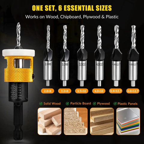 Go To Countersink Drill Bit Set With Low Friction Depth Stop And Replaceable HSS Pilot Bits, shown with six drill sizes