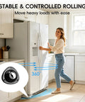 No Drill Heavy Duty Self Adhesive Caster Wheels Screwless Swivel Furniture Casters Black Stainless Steel Eva Tape in use with refrigerator.