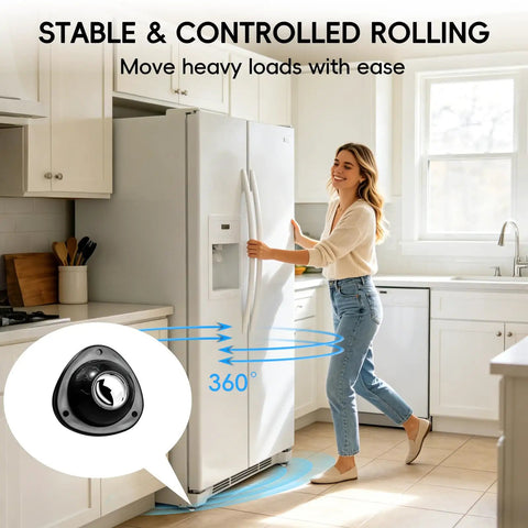 No Drill Heavy Duty Self Adhesive Caster Wheels Screwless Swivel Furniture Casters Black Stainless Steel Eva Tape in use with refrigerator.