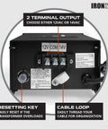 Back view of Heavy Duty 300 Watt Landscape Lighting Transformer with terminals and resetting key.