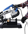 Straight Shooter Portable Band Saw Featuring 1100 Watt Motor And 5 Inch Depth Cut For Boss Level Cuts Variable Speed Compact Unit in use.