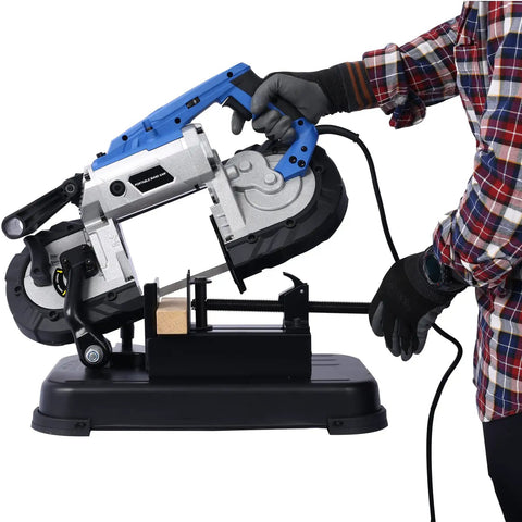 Straight Shooter Portable Band Saw Featuring 1100 Watt Motor And 5 Inch Depth Cut For Boss Level Cuts Variable Speed Compact Unit in use.
