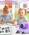 Kid Camera With Instant Print And Fun Features For Kids, 2.4 Inch LCD Screen, 10x Digital Zoom, Flashlight, Time Lapse, Burst Shooting, DIY Frames, 21 Cute Frames, 8 Mirror Effects, 6 Filters, MP3 Player, Great Christmas And Birthday Gift showing kids coloring instant prints