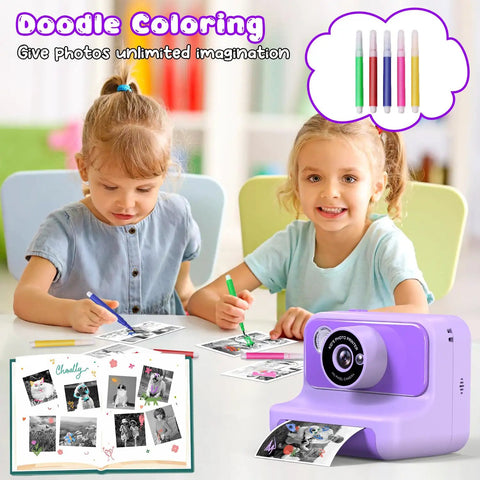 Kid Camera With Instant Print And Fun Features For Kids, 2.4 Inch LCD Screen, 10x Digital Zoom, Flashlight, Time Lapse, Burst Shooting, DIY Frames, 21 Cute Frames, 8 Mirror Effects, 6 Filters, MP3 Player, Great Christmas And Birthday Gift showing kids coloring instant prints