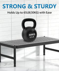 Hella Adjustable And Stackable Kitchen Cabinet Organizer, Pretty Darn Solid Metal Pantry Shelf holding a 30KG kettlebell on a black sturdy shelf.