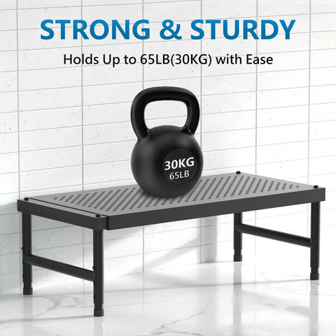 Hella Adjustable And Stackable Kitchen Cabinet Organizer, Pretty Darn Solid Metal Pantry Shelf holding a 30KG kettlebell on a black sturdy shelf.