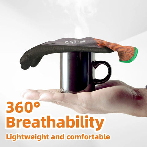 6 Pairs Sandy Nitrile Coated Safety Work Gloves, Level 6 Abrasion Resistance showcased balancing on mug held by hand