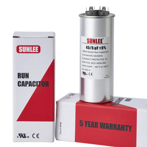 Dual Run Capacitor 45 And 5 Microfarads For HVAC Plug And Play 370V 440V CBB65 Round Replacement, UL Recognized, 5 Year Warranty