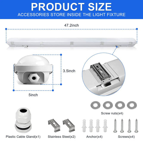 Vapor Tight LED Shop Light Four Foot All In One 40/50/60W Selectable, 3 CCT 3000K-5000K, IP66 Waterproof, ETL Listed dimensions and parts
