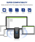 Ultra Compact 1D Bluetooth Barcode Scanner With Three In One Connection Bluetooth USB Wired And Two Point Four GHz Wireless For Windows Android iOS Tablets And Computers Portable Pocket Size On The Go shown with various compatible devices including a laptop, tablet, and smartphone.