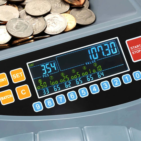Coin Counter And Sorter Machine With Six Bins Counts Up To 250 Coins Per Minute Handles One Cent Five Cent Ten Cent Display Screen Close-up