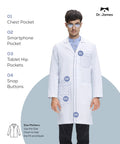 Premium Unisex Lab Coat With Phone And Tablet Pockets, Classic Fit, Concealed Snap Closure, Pro Grade, 39 Inch Length