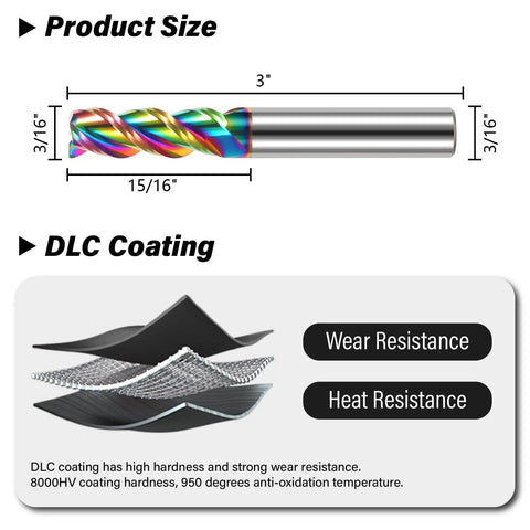 Three Sixteenth Inch Tungsten Carbide Extra Long End Mills For Aluminum And Copper Alloys Three Flute DLC Coated Square End Milling Bits For CNC Milling Pro Grade Performance And High Hardness HRC55, showing product size and DLC coating benefits.
