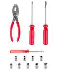 Roadside Emergency Car Kit With 30 Piece Road Trip Essentials Tool Set Including pliers, screwdrivers, and sockets, red handles.
