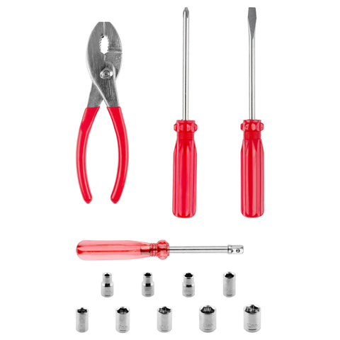 Roadside Emergency Car Kit With 30 Piece Road Trip Essentials Tool Set Including pliers, screwdrivers, and sockets, red handles.