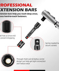 Three Eighths Inch Drive Magnetic Impact Socket Set showing extension bars, ball hole, spring-loaded ball, and lock design.