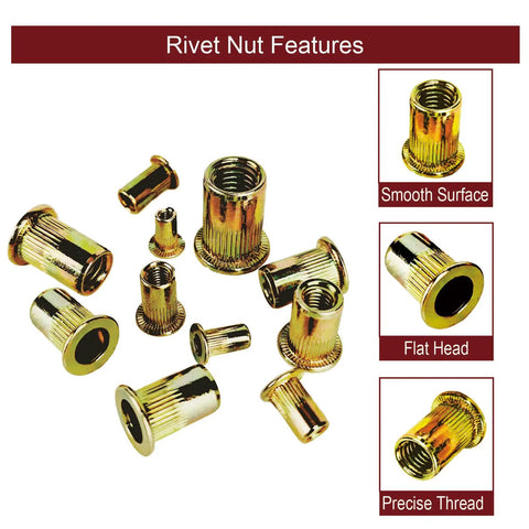 Heavy Duty M6 Rivet Nut Kit 100 Pcs Rivnuts Set For Metalworking Carbon Steel Flat Head Threaded Inserts shown with smooth surface