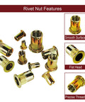 Heavy Duty M6 Rivet Nut Kit 100 Piece Set For Metal Projects With Zinc Coated Carbon Steel Flat Head Rivnuts And Threaded Inserts
