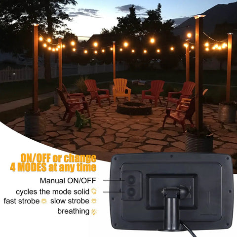 68Ft Solar Outdoor String Lights With USB Backup illuminating a backyard patio with chairs at night, showcasing warm ambience.