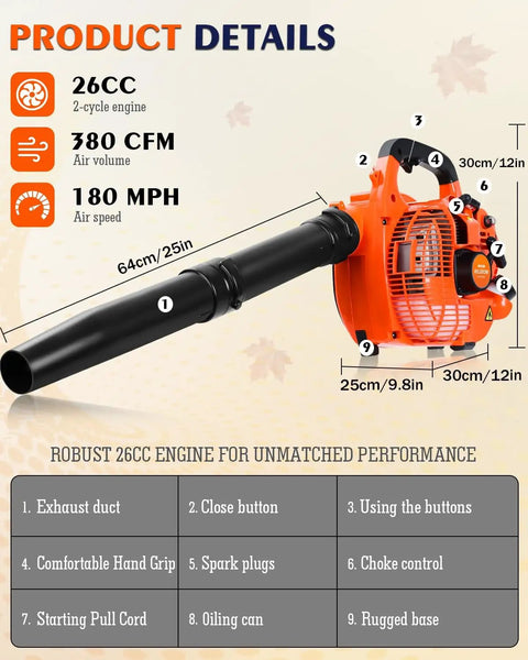 Gas Leaf Blower 26cc Handheld with Beast Power, 180 MPH Wind and 380 CFM, features and measurements in orange