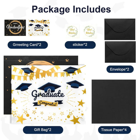 Contents of Two Pack 13 Inch Graduation Gift Bags With Tissue Paper Reusable Nonwoven Gift Bags With Handles 12.8 X 10.2 X 6.3 Inch Size Perfect For Grads Class Of 2026 College High School Or 8th Grade Graduation Includes Wrapping Paper Greeting Cards And Stickers