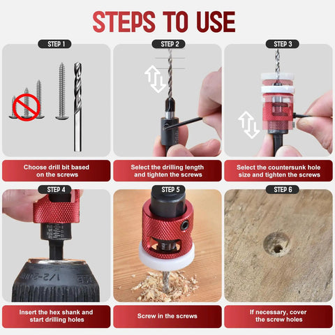 Steps to use 7-Piece Countersink Drill Bit Set With M2 HSS And 1/4-Inch Hex Shank, Adjustable Depth Stop, 82-Degree Heads