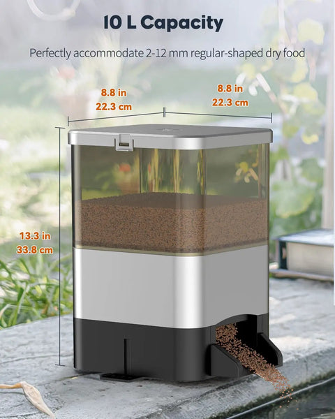 10L No Sweat Automatic Fish Feeder For Koi Ponds with pellet dispenser, sized for 2-12mm dry food, weatherproof design.
