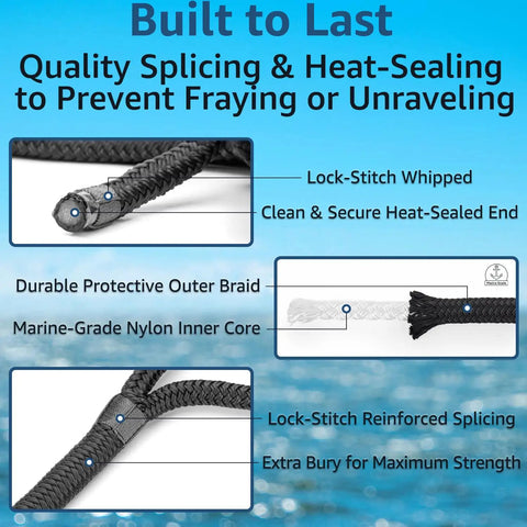 Half Inch Boat Dock Lines Fifteen Foot Nylon Rope With Twelve Inch Loop Double Braided Marine Grade Mooring Lines detail