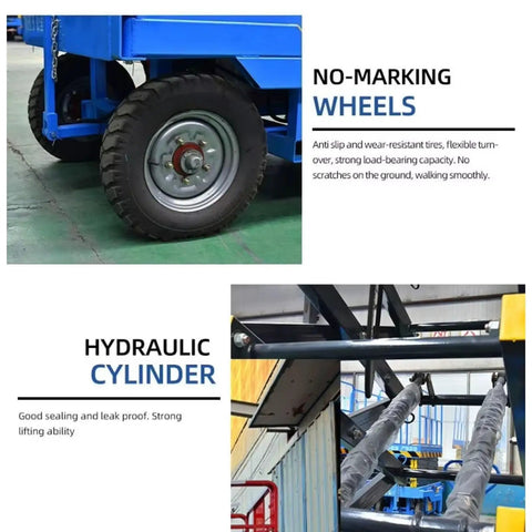 Rock Solid Heavy Duty Hydraulic Scissor Lift Table For Big Time Warehouse Cargo Handling Mobile Platform with no-marking wheels and hydraulic cylinder.