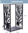 Compact Firewood Rack And Four Tool Set For Fireplace, with decorative tree design, brush, and shovel, size 15.75 W x 11.5 D x 27.5 H