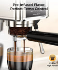 Rock Solid 20 Bar Espresso Maker Stainless Steel Chassis with digital timer brewing espresso into a glass using a steam wand.