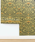 Premium Bluebird Damask Gold Metallic Wallpaper Eco Friendly Fibrous Texture showcasing floral pattern on wall.