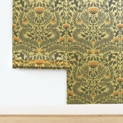 Premium Bluebird Damask Gold Metallic Wallpaper Eco Friendly Fibrous Texture showcasing floral pattern on wall.