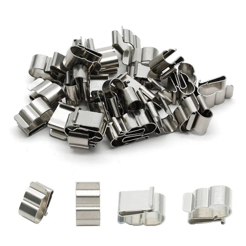 50 Pack Beefed Up Solar Wire Clips With Rock Solid Grip For PV Panels And Trailers Tough As Nails Stainless Steel Double Cable Clamp close-up view.